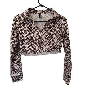 Divided by H&M Cotton Blend Floral Checkered Long Sleeve Crop Top Brown M